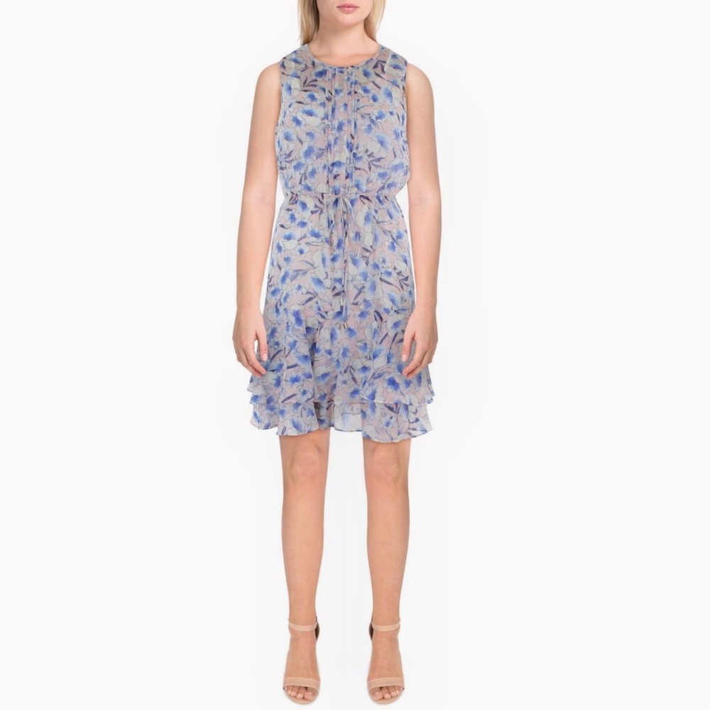 Tommy Hilfiger Women's Floral Print Blouson Ruffled Chiffon Dress Blue White 16